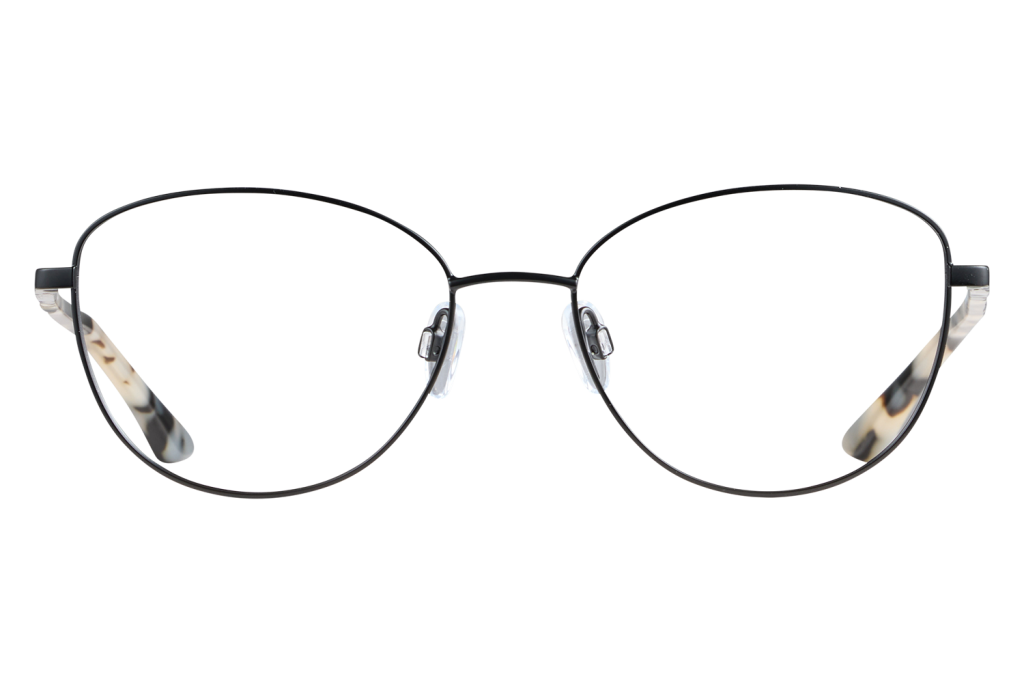 Close-up of round metal eyeglasses with clear nose pads on a gray background.
