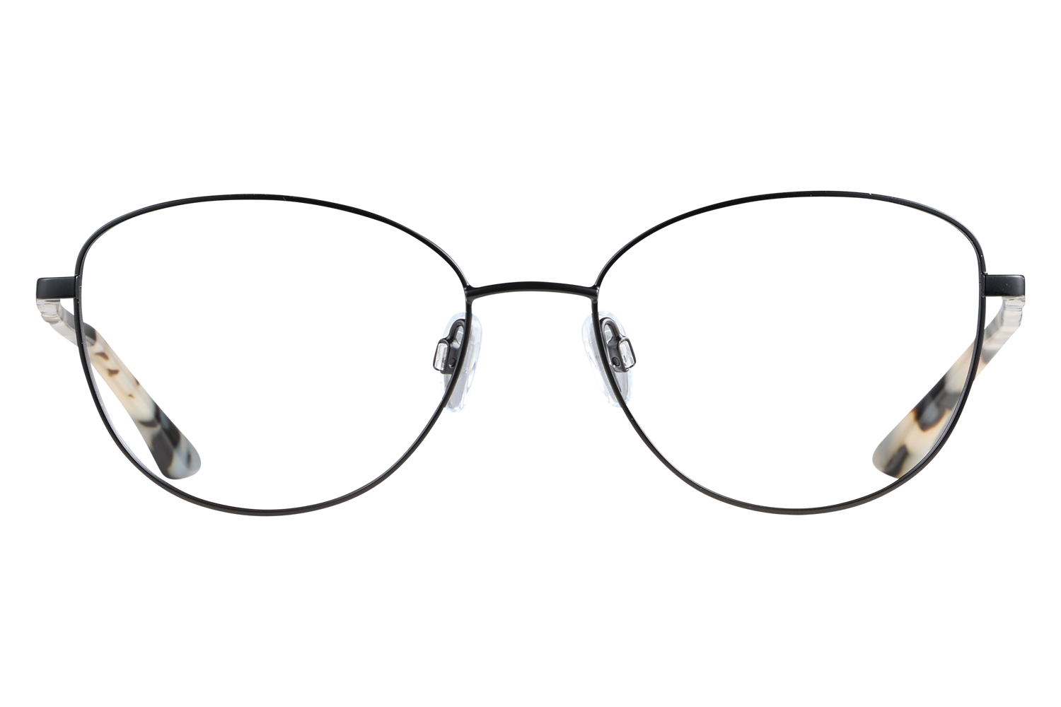Close-up of round metal eyeglasses with clear nose pads on a gray background.