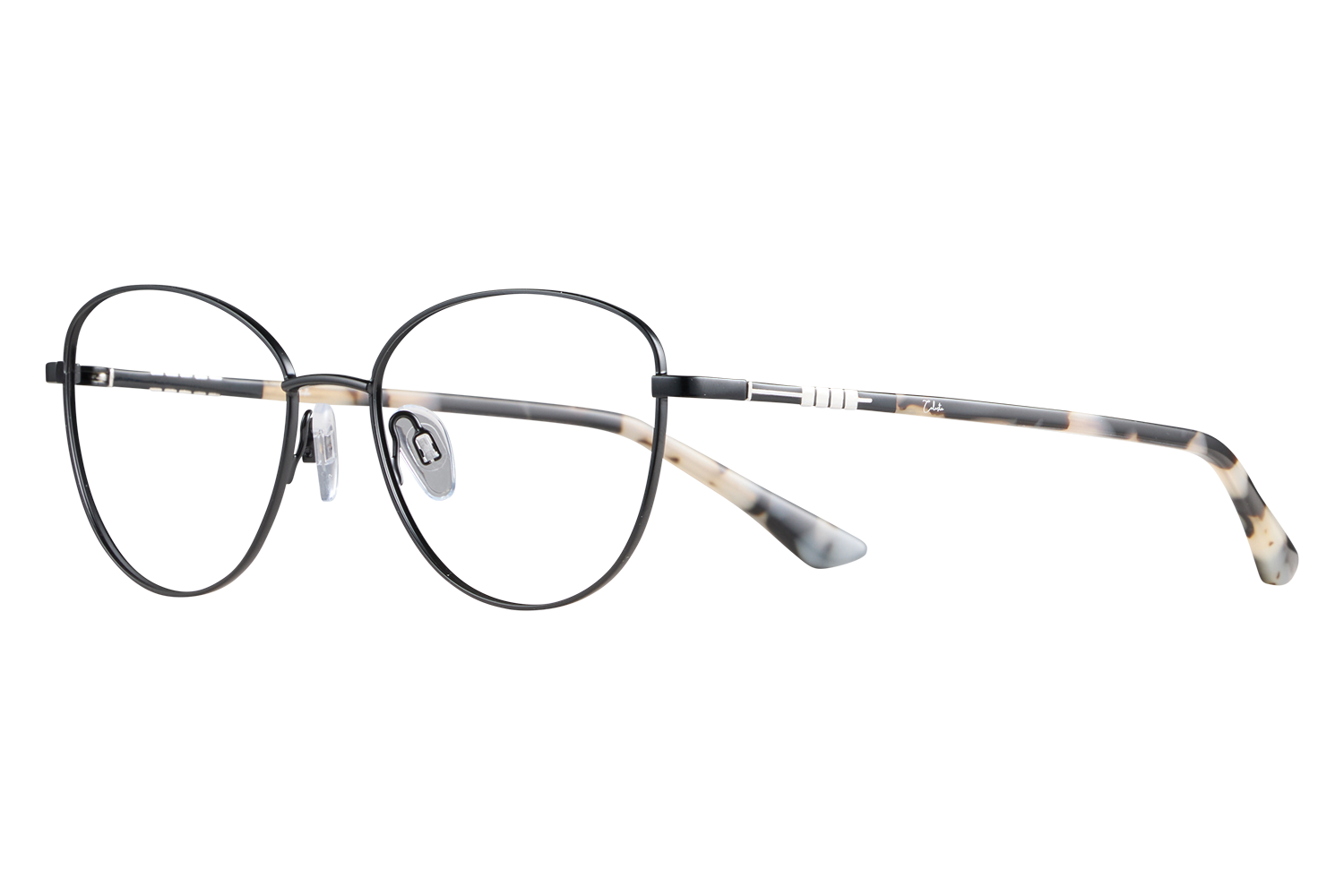 Black round‑frame glasses with tortoiseshell temples shown in close‑up on a gray background, highlighting nose pads and metal bridge detail.