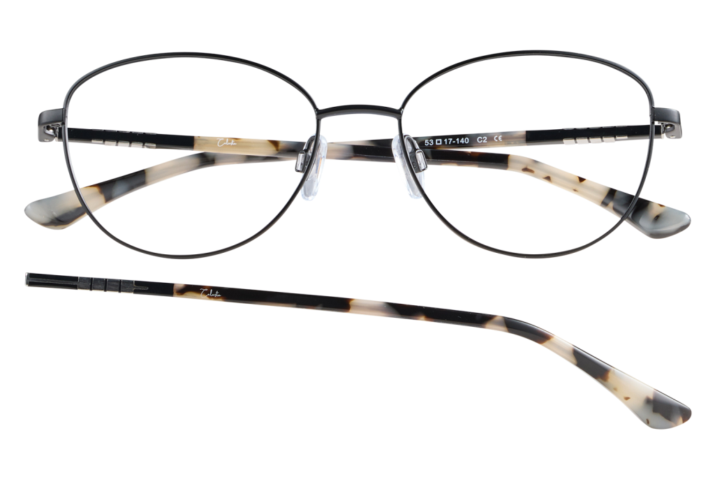 Eyeglasses with thin black metal rims, round lenses, and tortoiseshell patterned temples.