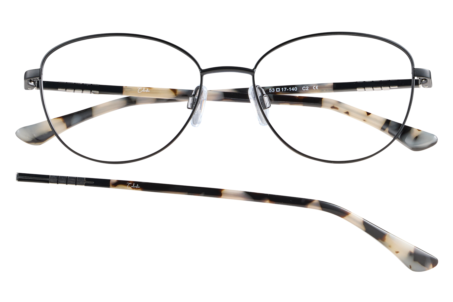 Eyeglasses with thin black metal rims, round lenses, and tortoiseshell patterned temples.