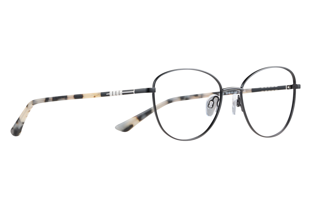 Close-up of round black-rimmed glasses with tortoiseshell-patterned temples on a gray background, showing nose pads.