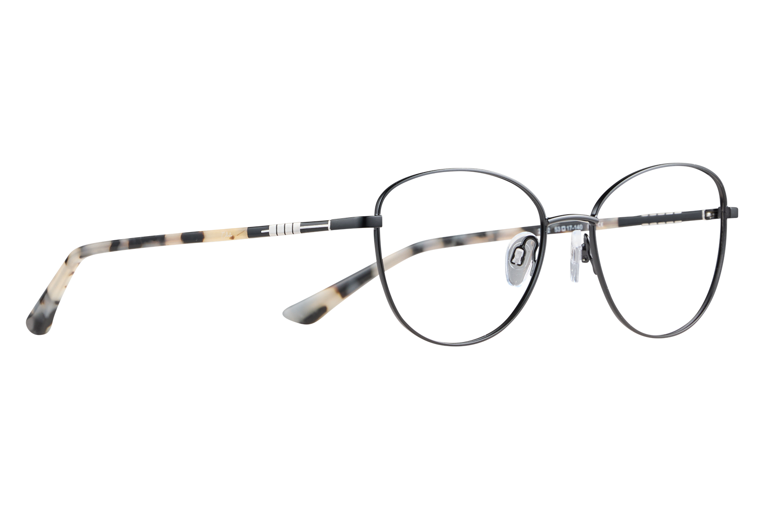 Close-up of round black-rimmed glasses with tortoiseshell-patterned temples on a gray background, showing nose pads.