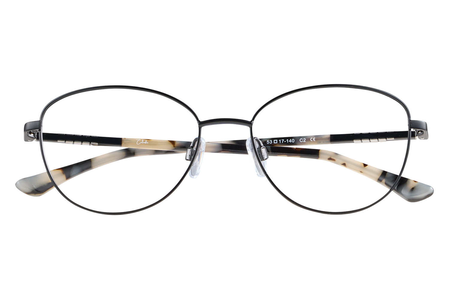 Round metal-frame eyeglasses with tortoiseshell temples perched on a clear display stand, showing model numbers along the arm.