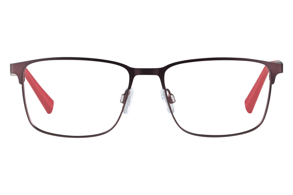 Close-up of metal-framed glasses with black frame and red temples, viewed head-on.