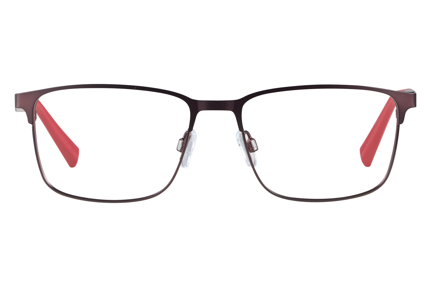 Close-up of metal-framed glasses with black frame and red temples, viewed head-on.