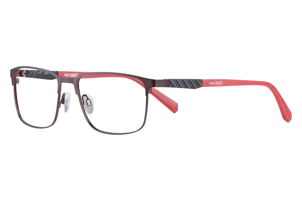 Close-up of brown-framed eyeglasses with red temple arms and a carbon-fiber pattern on the temples, product photo.