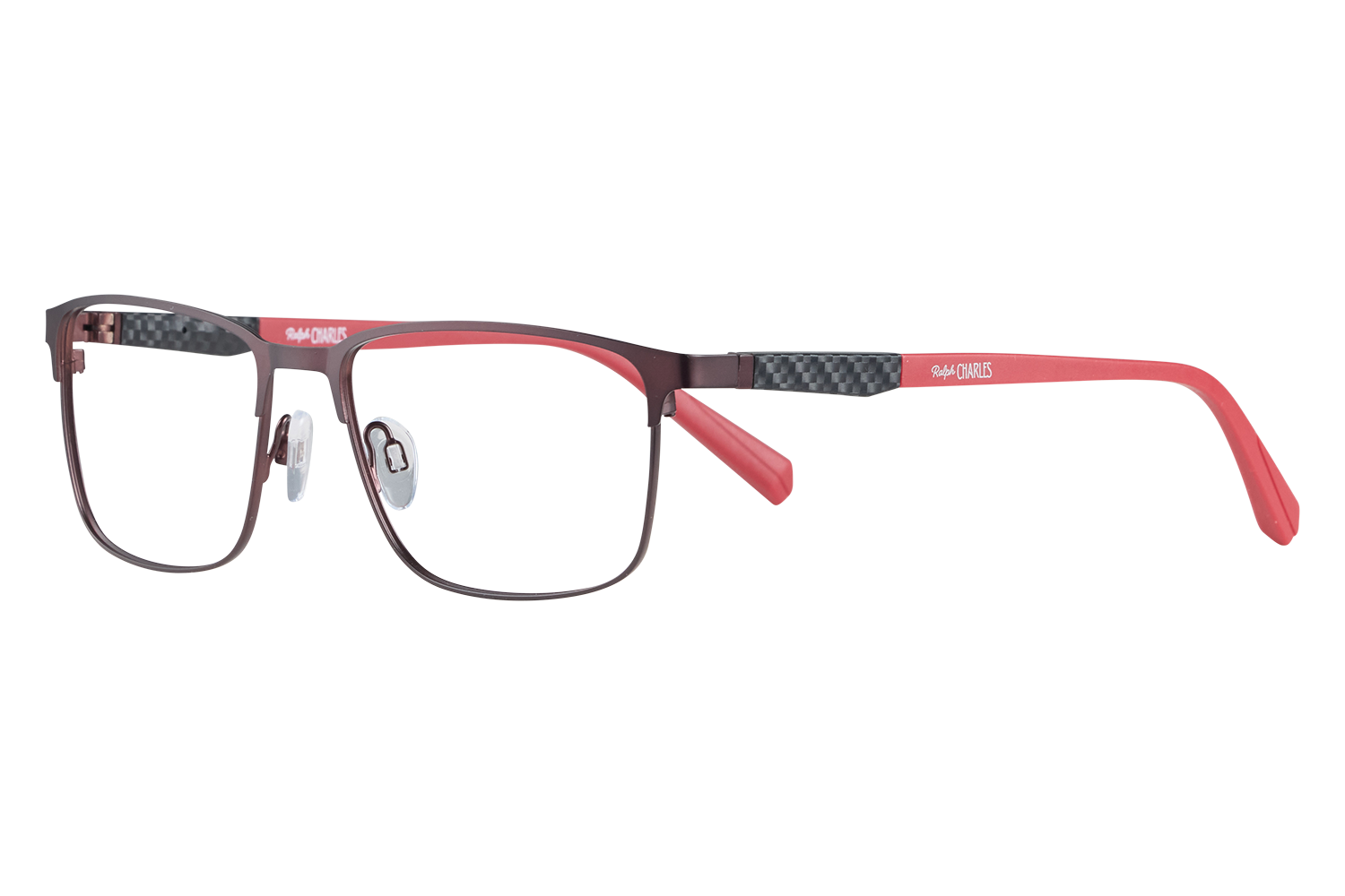 Close-up of brown-framed eyeglasses with red temple arms and a carbon-fiber pattern on the temples, product photo.