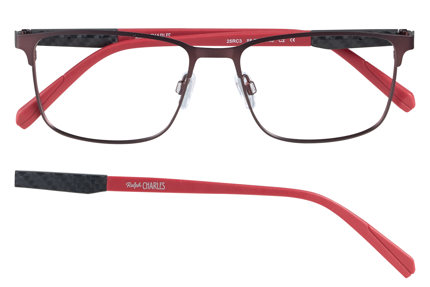 Red-and-brown Ralph Charles eyeglasses with red temples and nose pads, front in dark brown, carbon-fiber pattern on the arms.