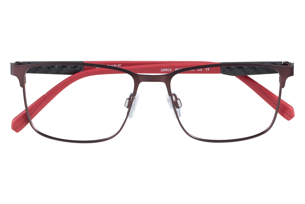 Red-rimmed eyeglasses with red temples displayed on a clear stand against a gray backdrop