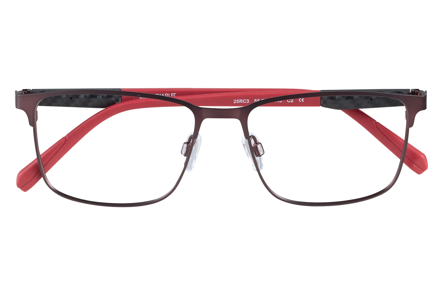 Red-rimmed eyeglasses with red temples displayed on a clear stand against a gray backdrop