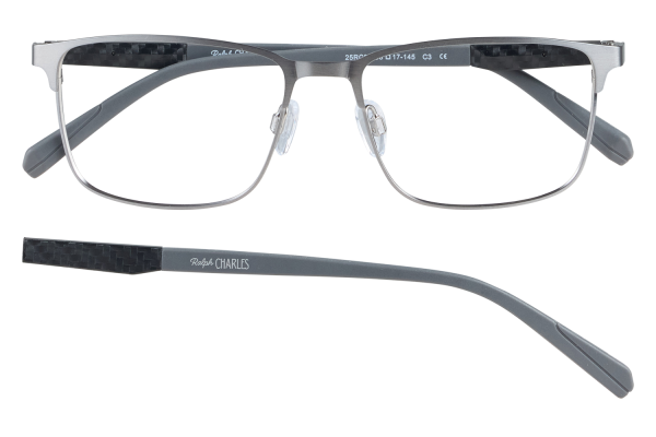Pair of rectangular metal-framed glasses with clear adjustable nose pads and gray temples, carbon-fiber texture on the arms, Ralph Charles brand details visible.
