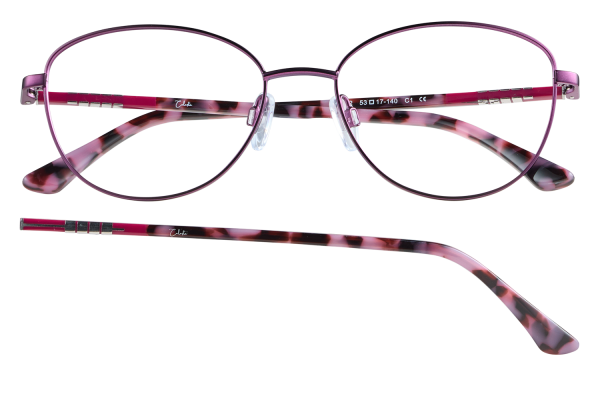Pink-purple metal-framed glasses with tortoiseshell-pattern arms, showing brand logo on the temple.”,