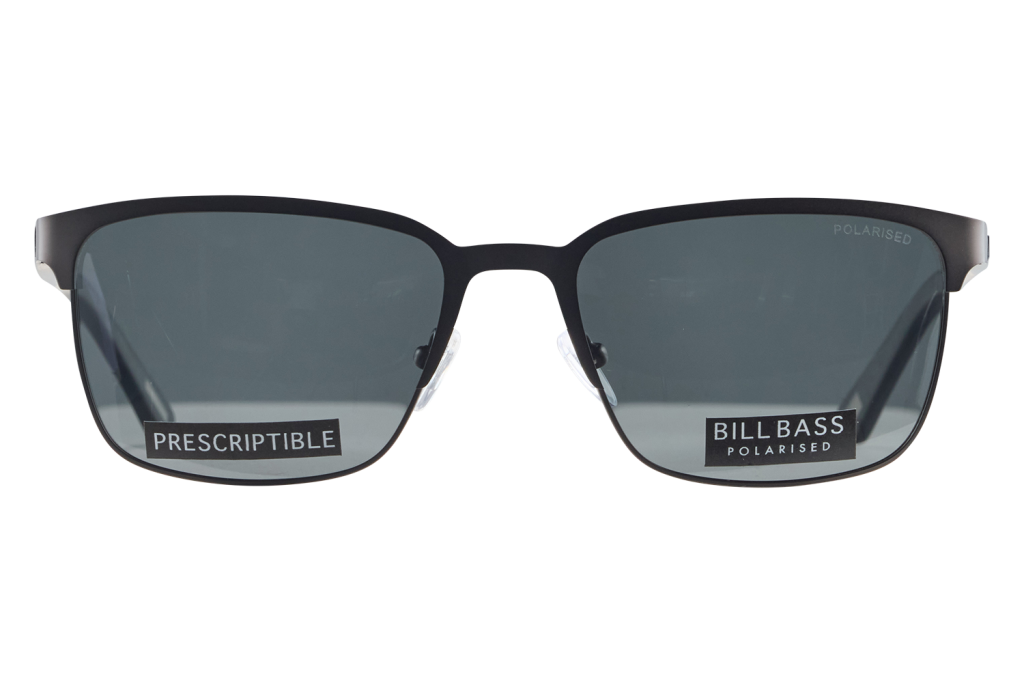 Pair of black rectangular sunglasses with dark lenses, labeled PRESCRIPTIBLE and BILLBASS POLARISED