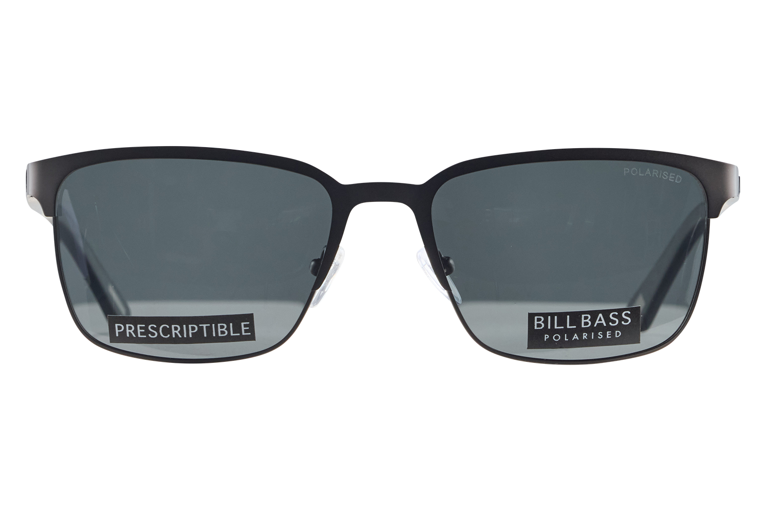 Pair of black rectangular sunglasses with dark lenses, labeled PRESCRIPTIBLE and BILLBASS POLARISED