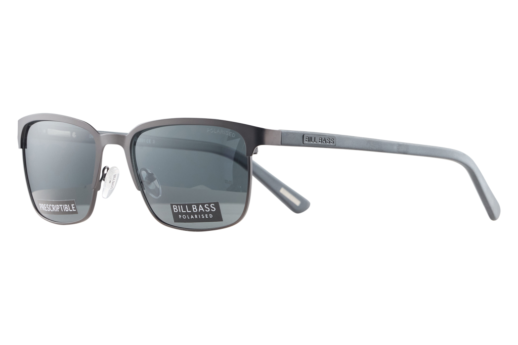 Grey metal-frame sunglasses with polarized lenses and Bill Bass branding on the temple, front view