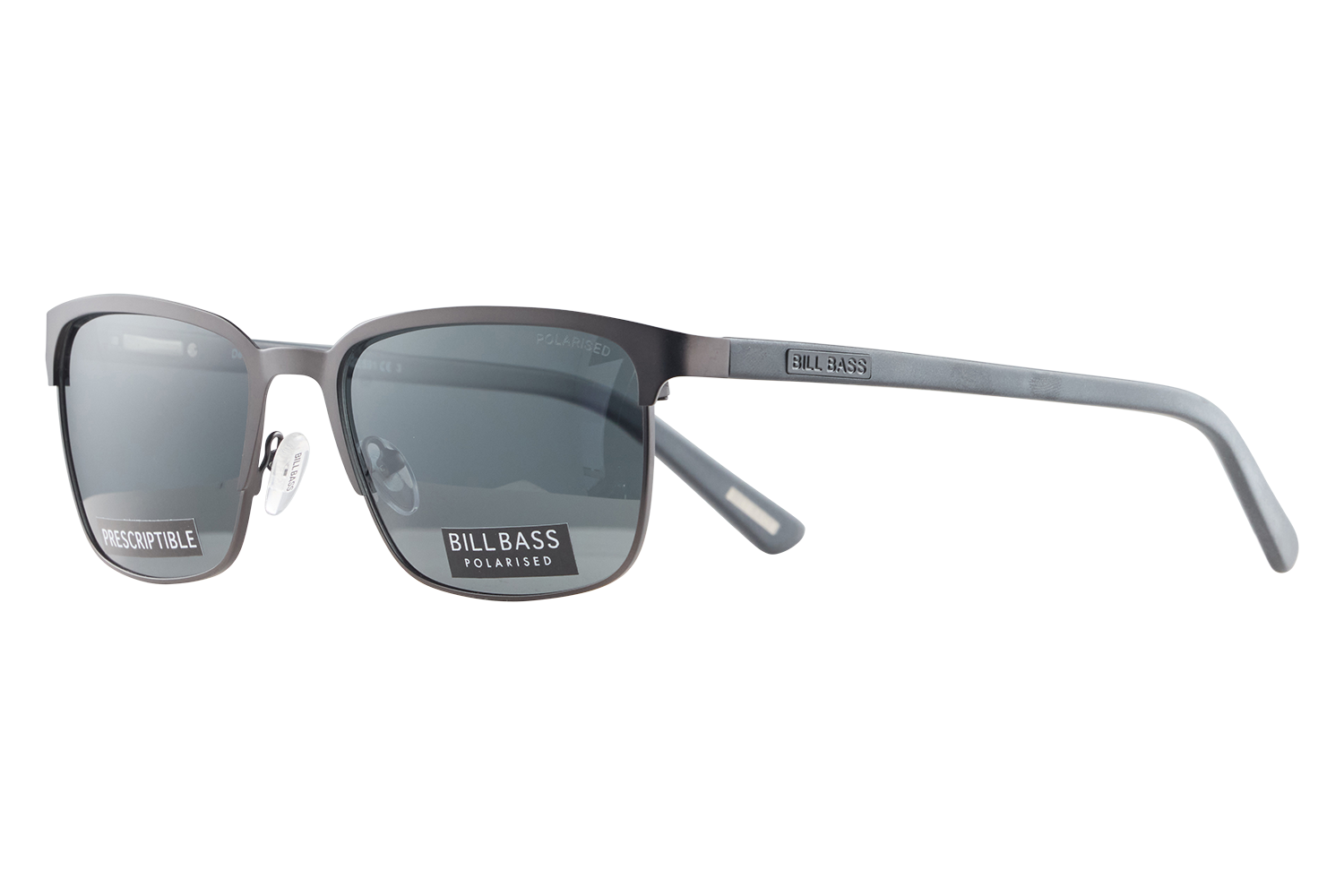 Grey metal-frame sunglasses with polarized lenses and Bill Bass branding on the temple, front view