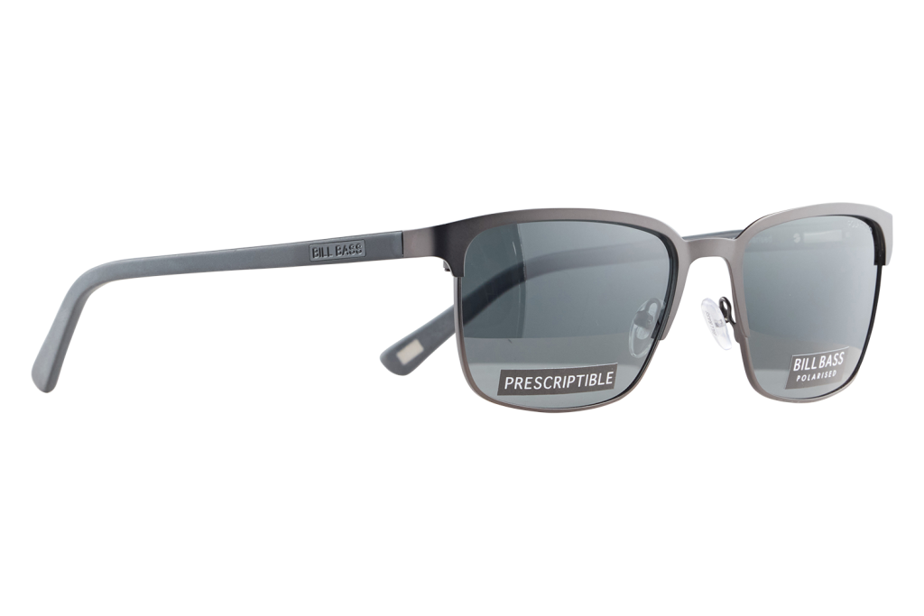 Gray Bill Bass polarized sunglasses with a 'PRESCRIPTIBLE' label on the lens