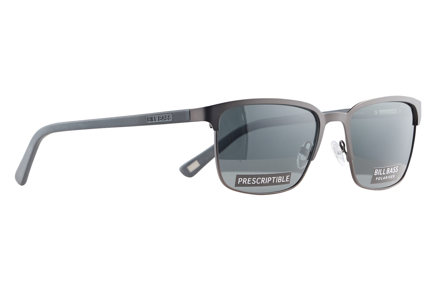 Gray Bill Bass polarized sunglasses with a 'PRESCRIPTIBLE' label on the lens