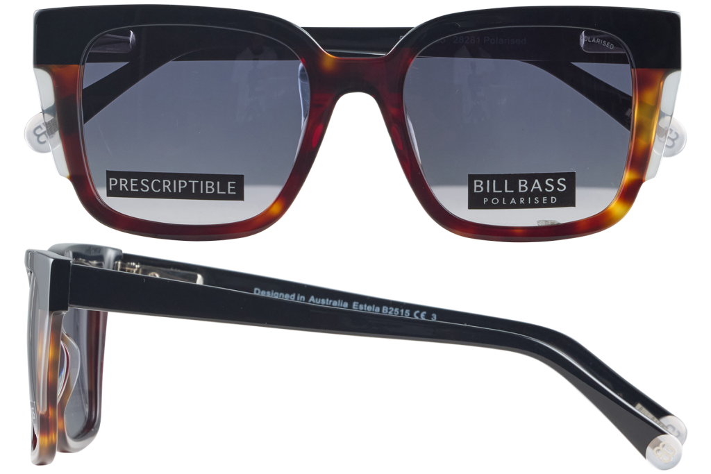 Tortoiseshell sunglasses with dark rectangular lenses; front view shows brand stickers 'PRESCRIPTIBLE' and 'BILLBASS POLARISED'.
