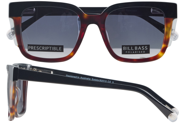 Tortoiseshell sunglasses with dark rectangular lenses; front view shows brand stickers 'PRESCRIPTIBLE' and 'BILLBASS POLARISED'.