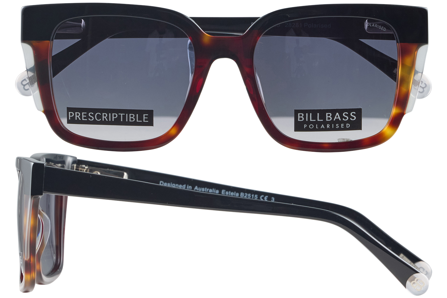 Tortoiseshell sunglasses with dark rectangular lenses; front view shows brand stickers 'PRESCRIPTIBLE' and 'BILLBASS POLARISED'.