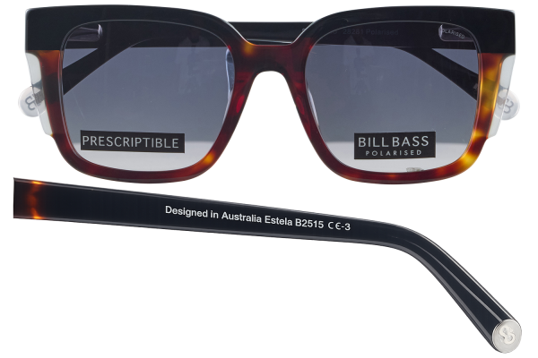 Pair of tortoiseshell sunglasses with dark lenses; labels read PRESCRIPTIBLE and BILLBASS POLARISED on the lenses.
