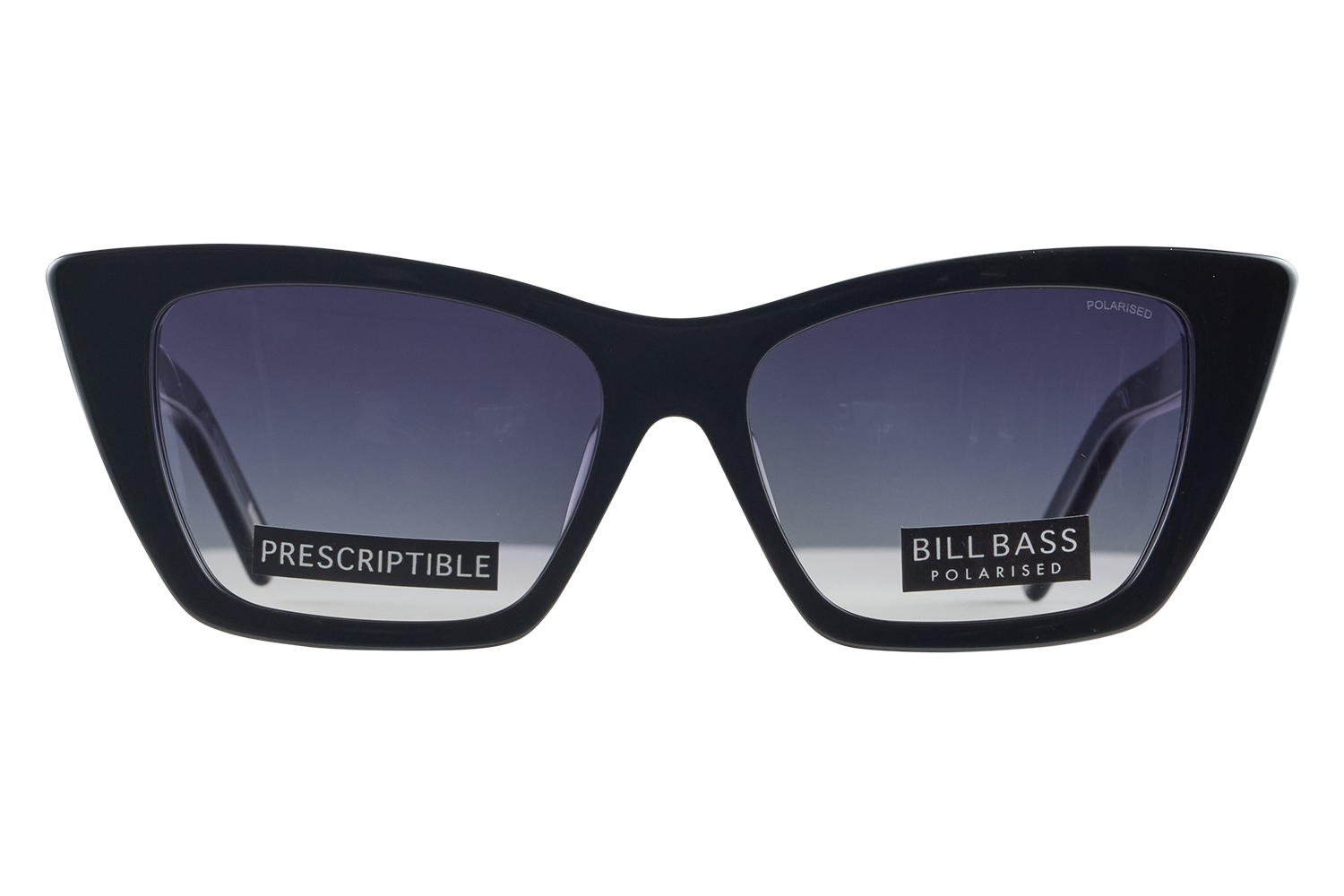 Black oversized cat-eye sunglasses with gradient lenses and brand stickers that read 'PRESCRIPTIBLE' and 'BILLBASS POLARISED'