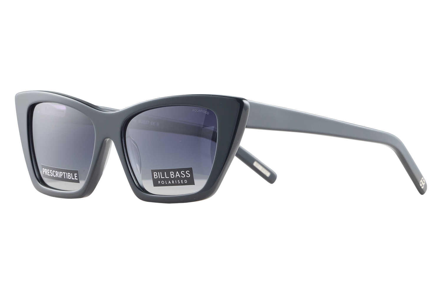 Gray plastic sunglasses with dark polarized lenses and wide, rectangular frame; brand labels visible on lens.