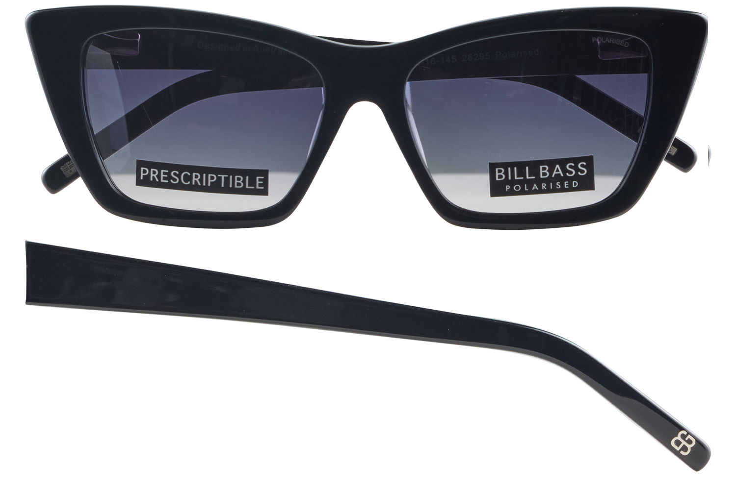 Black rectangular-frame sunglasses with polarized lenses and a detachable temple arm placed below the frame.
