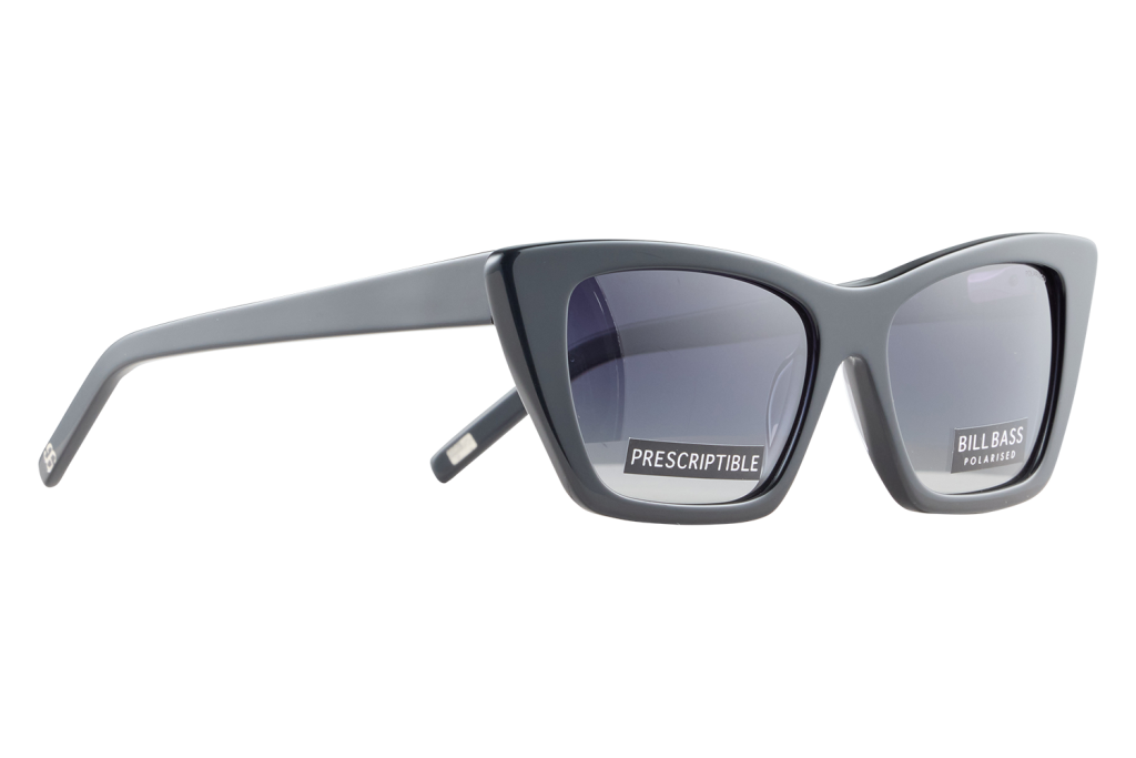 Gray plastic sunglasses with dark gradient lenses, showing the labels PRESCRIPTIBLE and BILLBASS POLARISED on the lenses.
