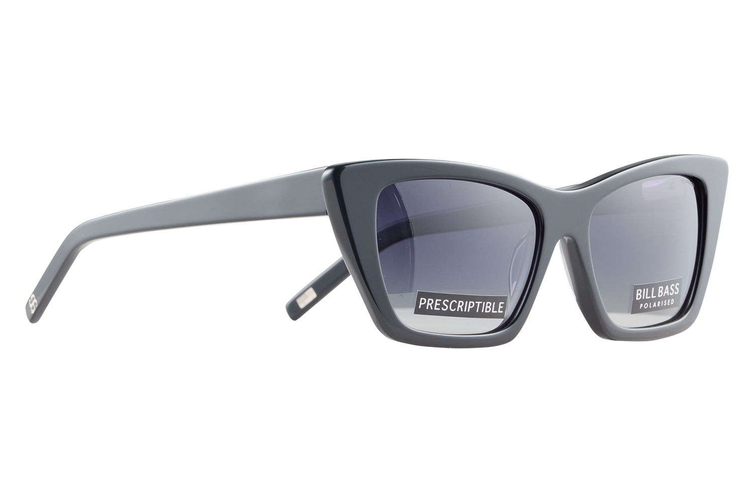 Gray plastic sunglasses with dark gradient lenses, showing the labels PRESCRIPTIBLE and BILLBASS POLARISED on the lenses.