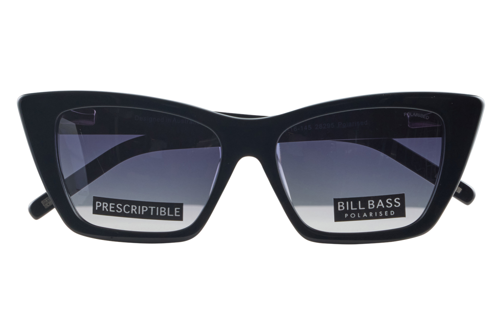 Black cat-eye sunglasses with gradient blue lenses, displaying brand stickers: PRESCRIPTIBLE and BILLBASS POLARISED.