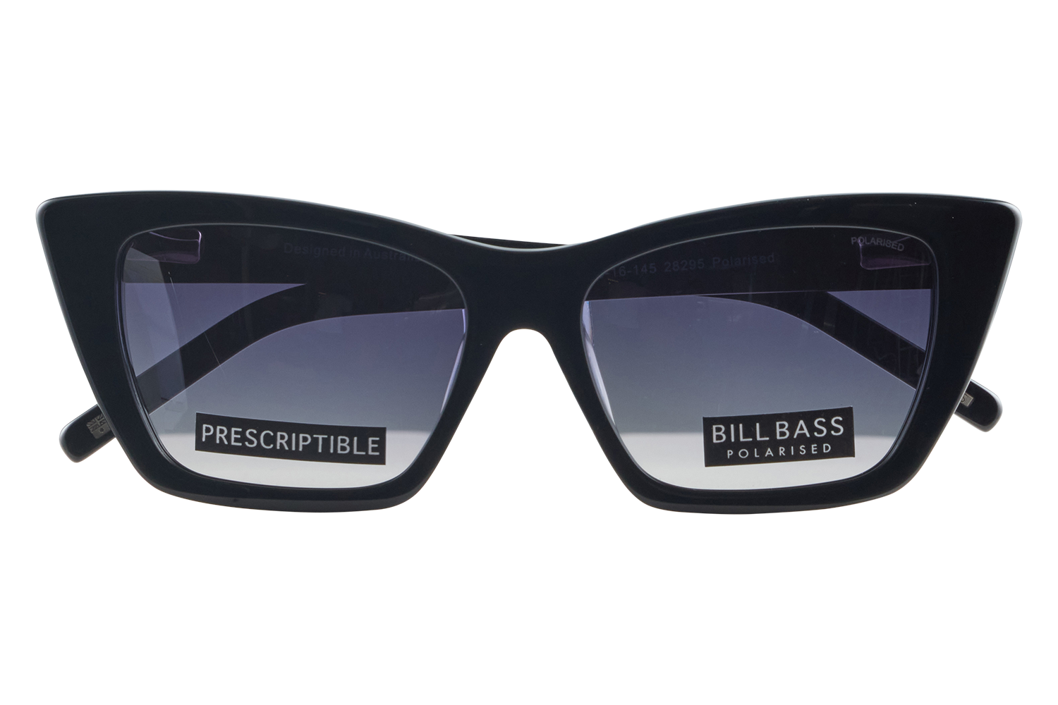Black cat-eye sunglasses with gradient blue lenses, displaying brand stickers: PRESCRIPTIBLE and BILLBASS POLARISED.