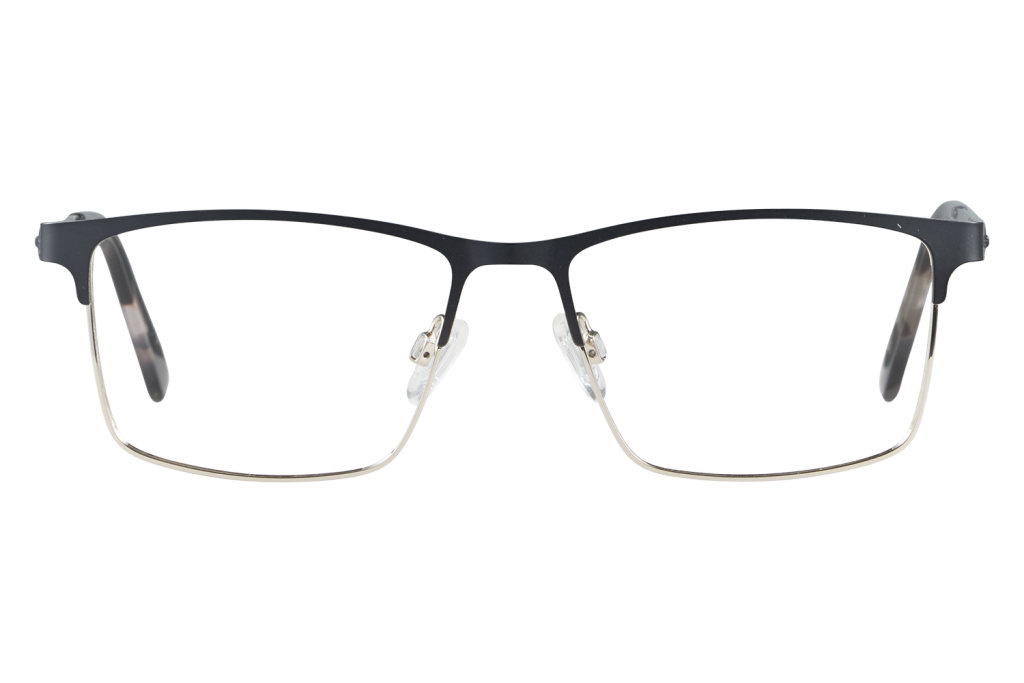 Pair of rectangular eyeglasses with a black top frame and gold metal bottom rims, shown head-on.