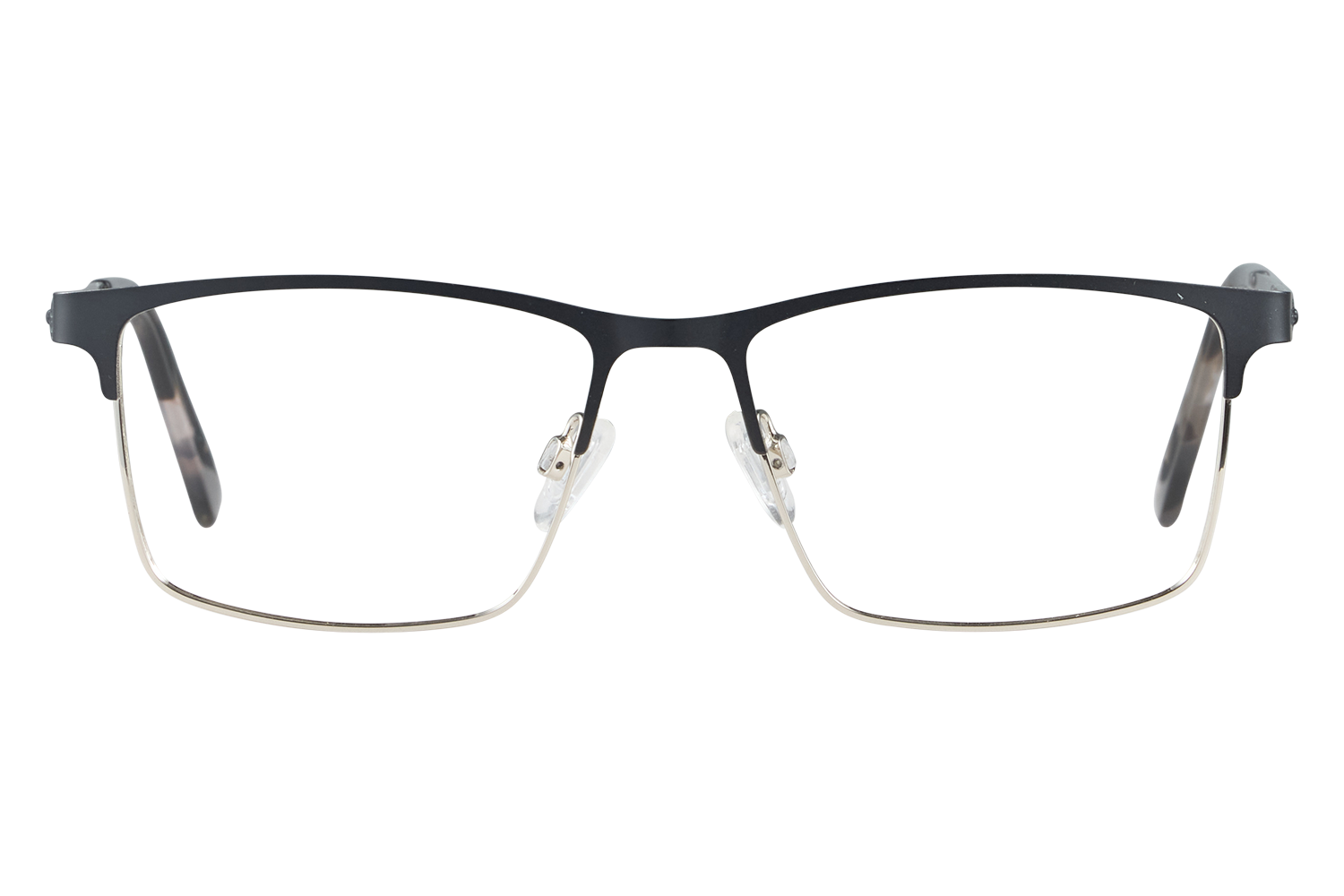 Pair of rectangular eyeglasses with a black top frame and gold metal bottom rims, shown head-on.