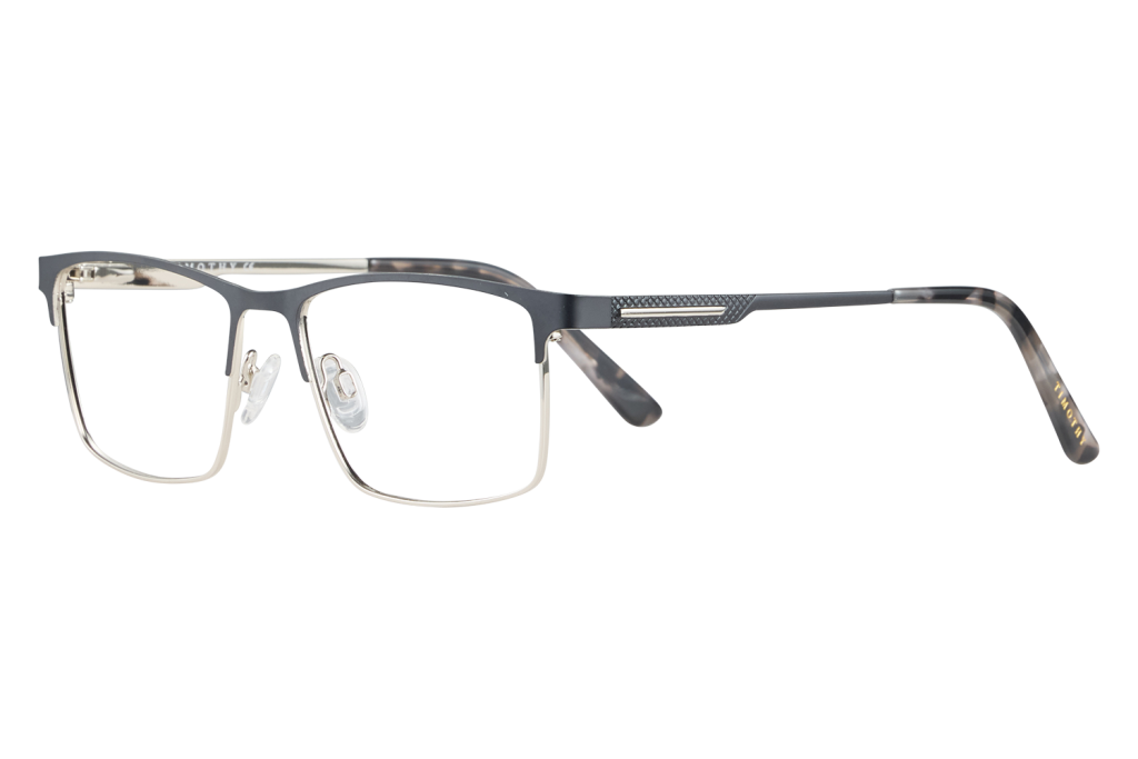 Rectangle metal eyeglasses with dark blue-gray frame, clear lenses, and adjustable nose pads on a white surface.