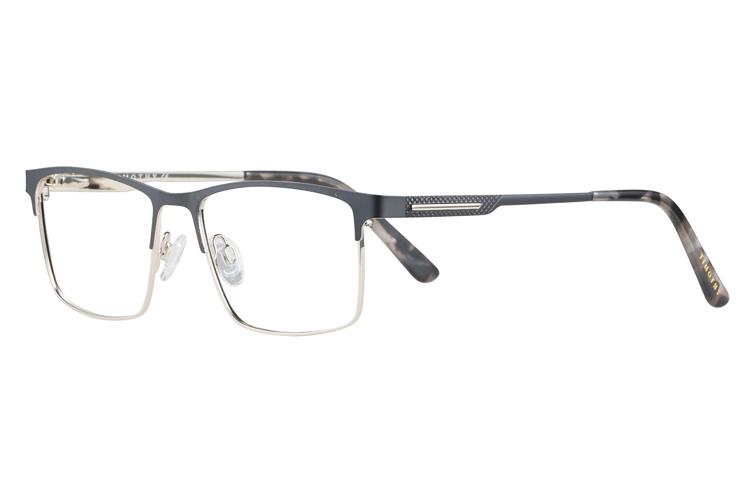 Rectangle metal eyeglasses with dark blue-gray frame, clear lenses, and adjustable nose pads on a white surface.