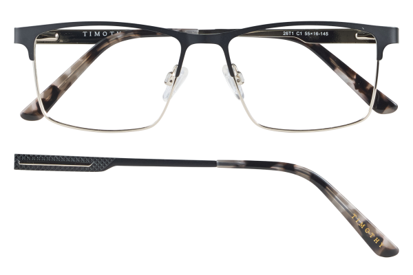 Rectangular eyeglasses with a dark top frame and tortoiseshell temples, shown from front and side view (Timothy brand).