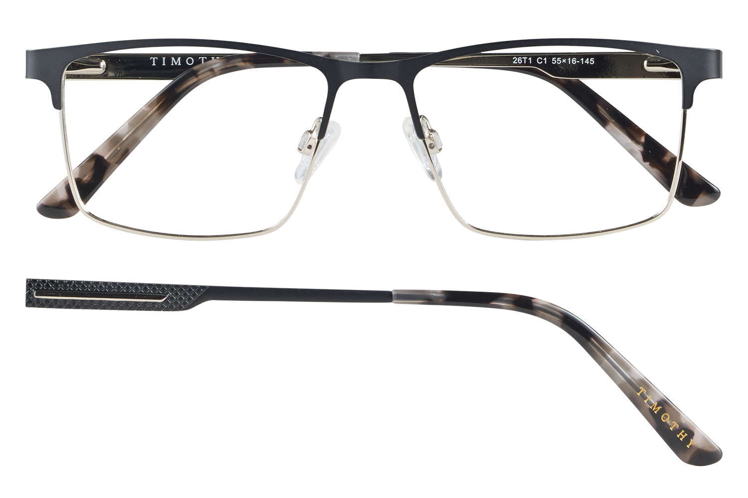 Rectangular eyeglasses with a dark top frame and tortoiseshell temples, shown from front and side view (Timothy brand).