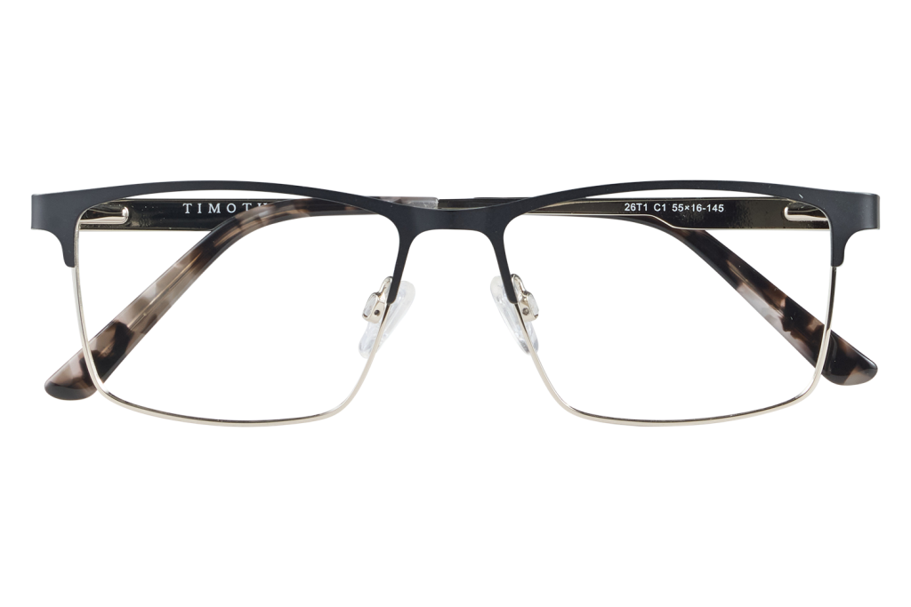 Black-and-tortoise rectangle eyeglasses with gold rims resting on a clear display stand, front view.