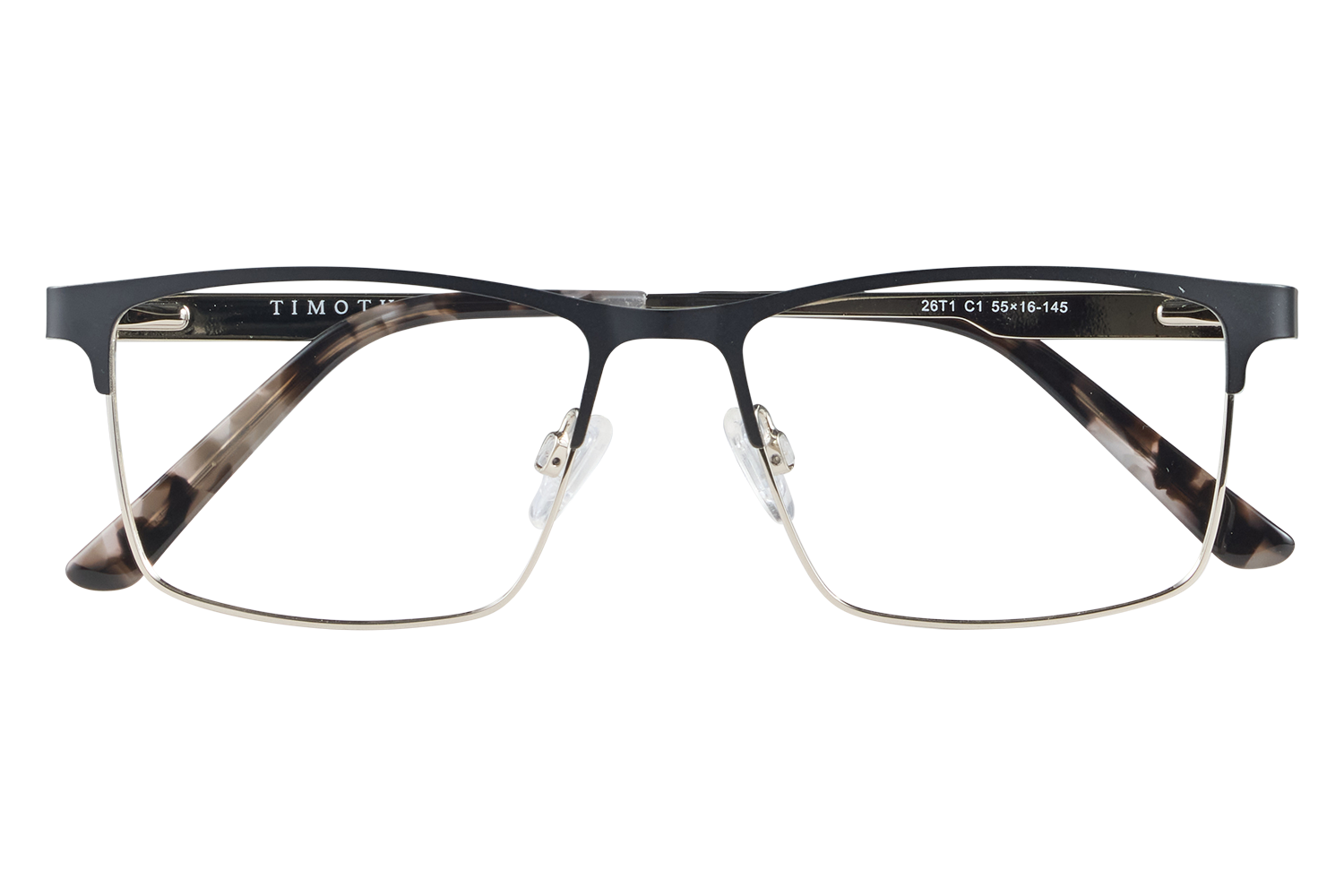 Black-and-tortoise rectangle eyeglasses with gold rims resting on a clear display stand, front view.
