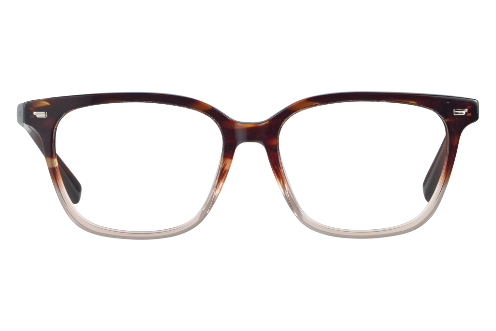 Close-up of brown tortoiseshell eyeglasses with clear lenses resting on a white surface, viewed from the front.