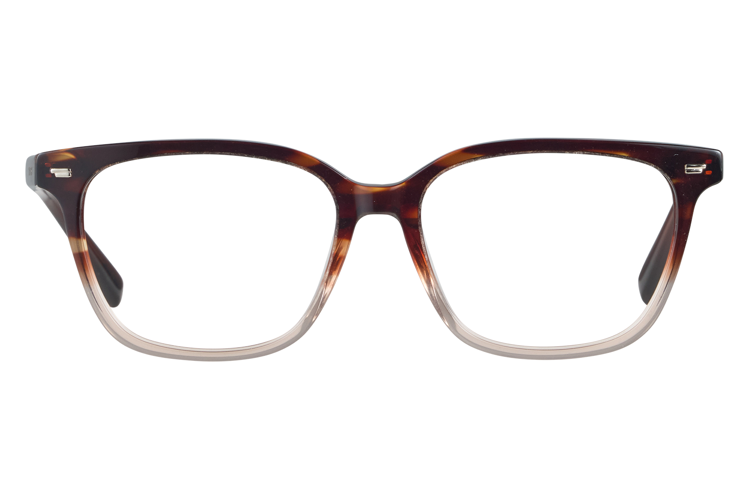 Close-up of brown tortoiseshell eyeglasses with clear lenses resting on a white surface, viewed from the front.
