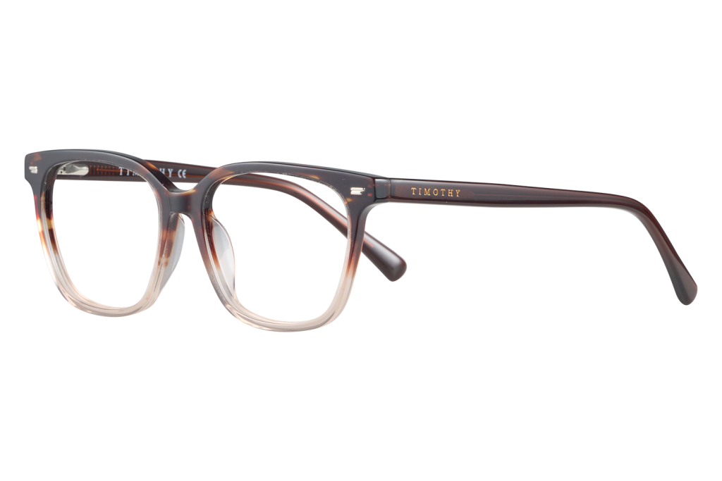 Brown tortoiseshell eyeglasses with clear lenses and TIMOTHY branding on the temple arm