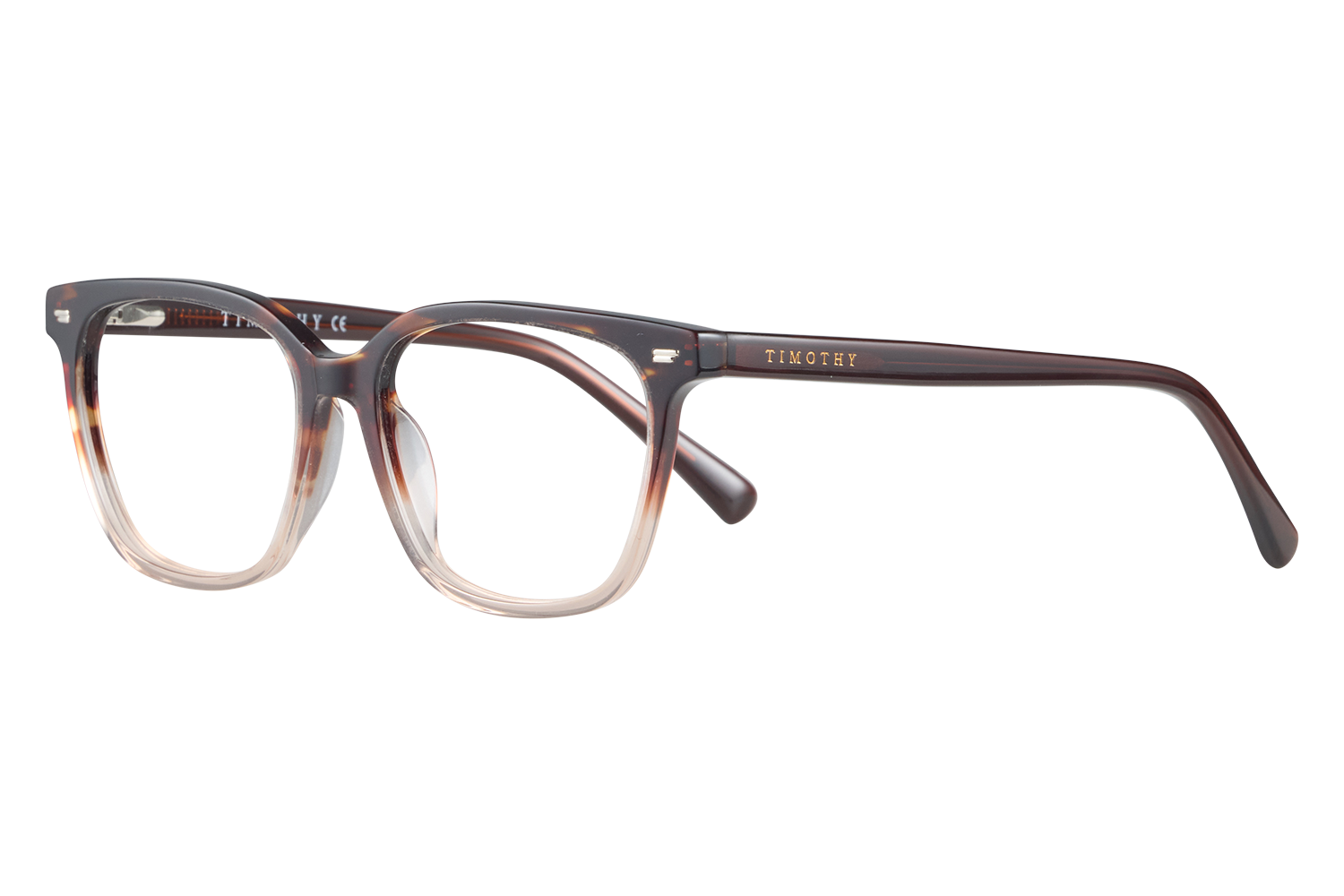 Brown tortoiseshell eyeglasses with clear lenses and TIMOTHY branding on the temple arm