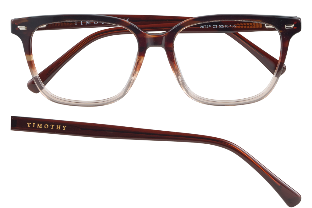 Tortoiseshell eyeglass frames with Timothy branding on the temple, shown from front and side.