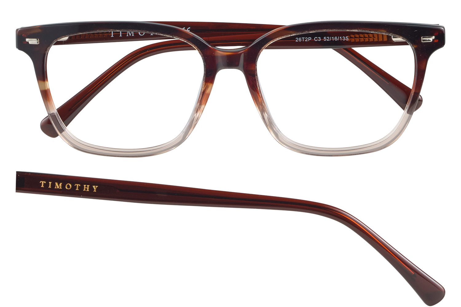 Tortoiseshell eyeglass frames with Timothy branding on the temple, shown from front and side.