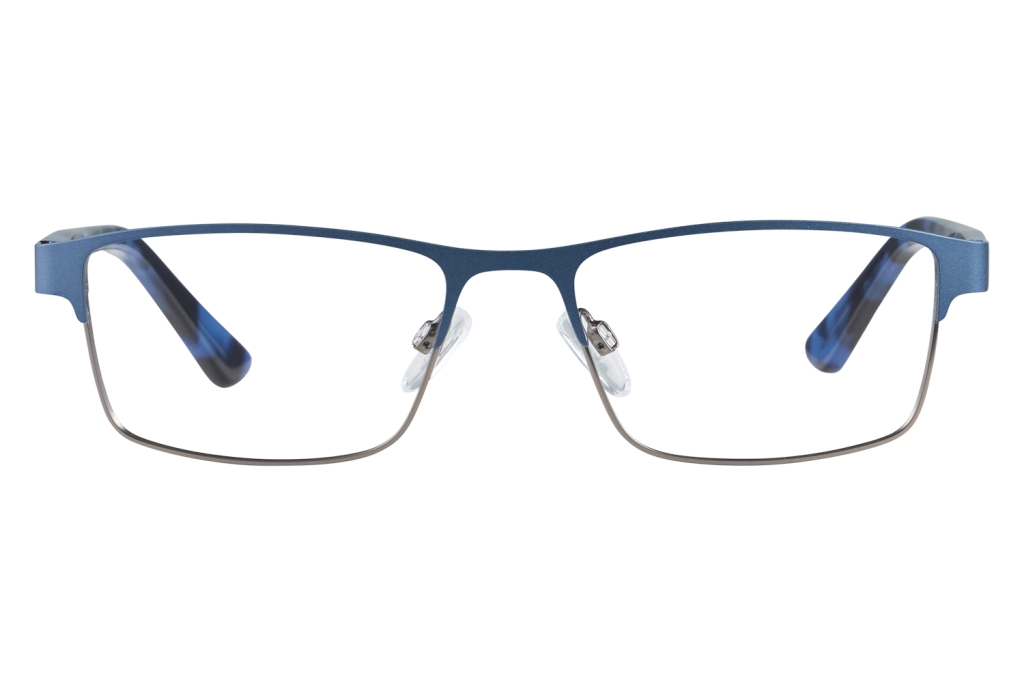 Blue metal eyeglasses photographed from the front, resting on a white surface with clear nasal pads visible