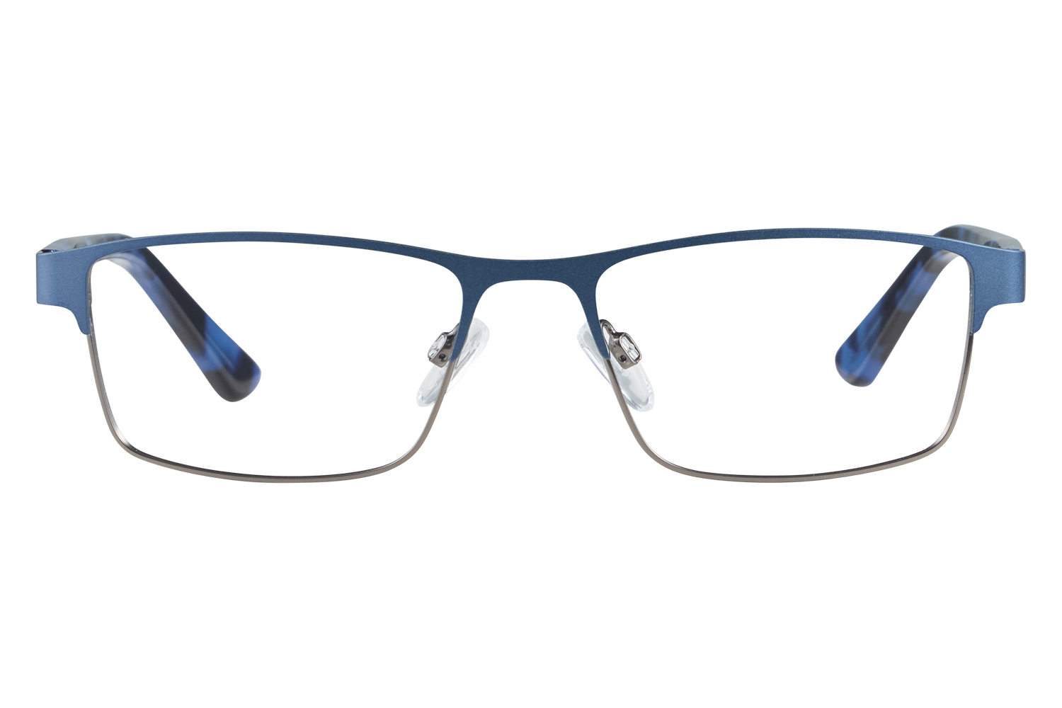 Blue metal eyeglasses photographed from the front, resting on a white surface with clear nasal pads visible